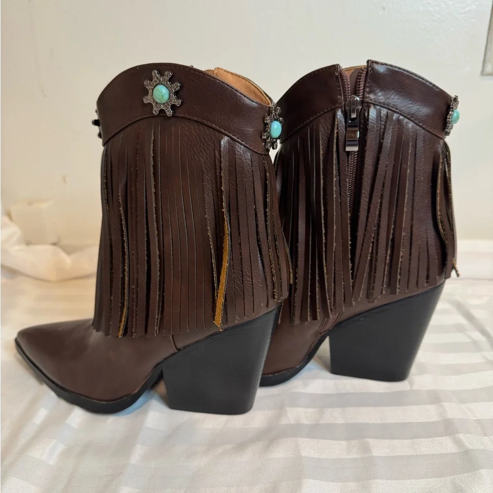 SHEIN Brown Ankle Boots with Fringe and Western Flair
